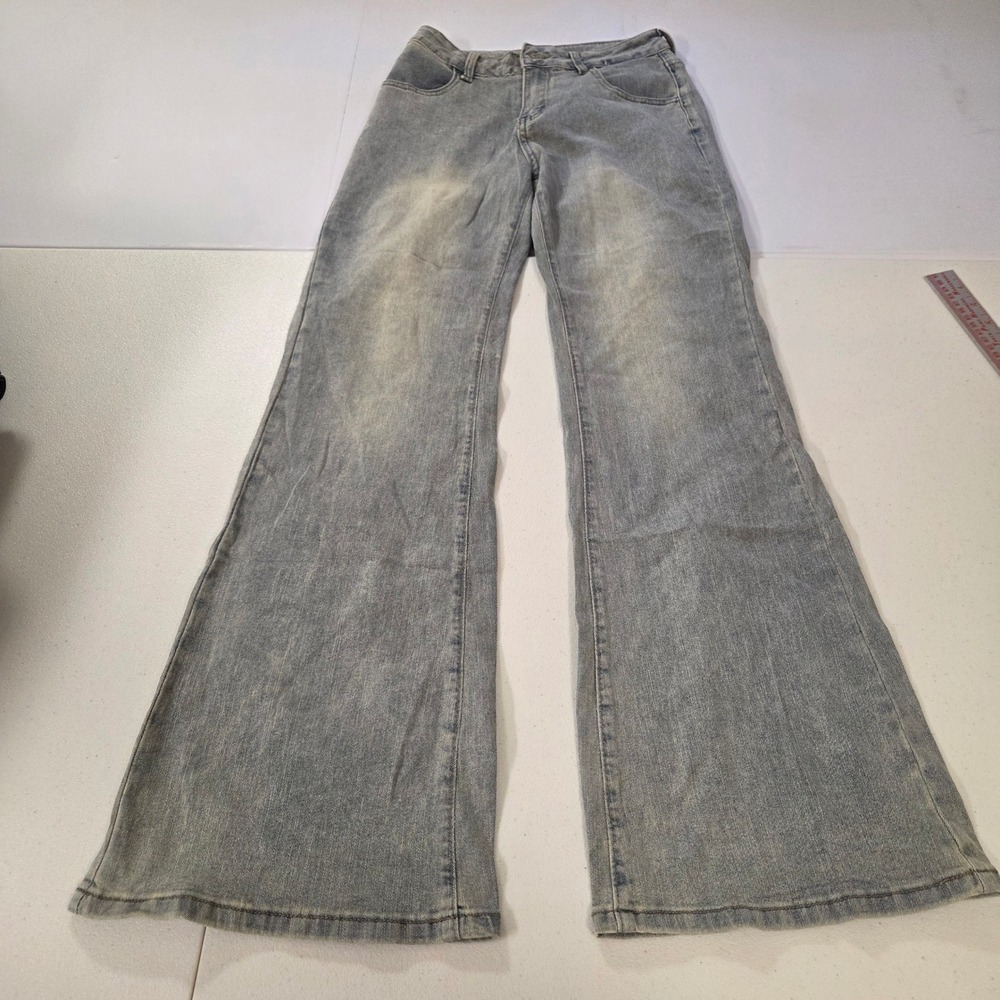 SHEIN Light Wash Gray Flare Jeans Cross Embroidered Back Pockets Size‎ 28 Y2K